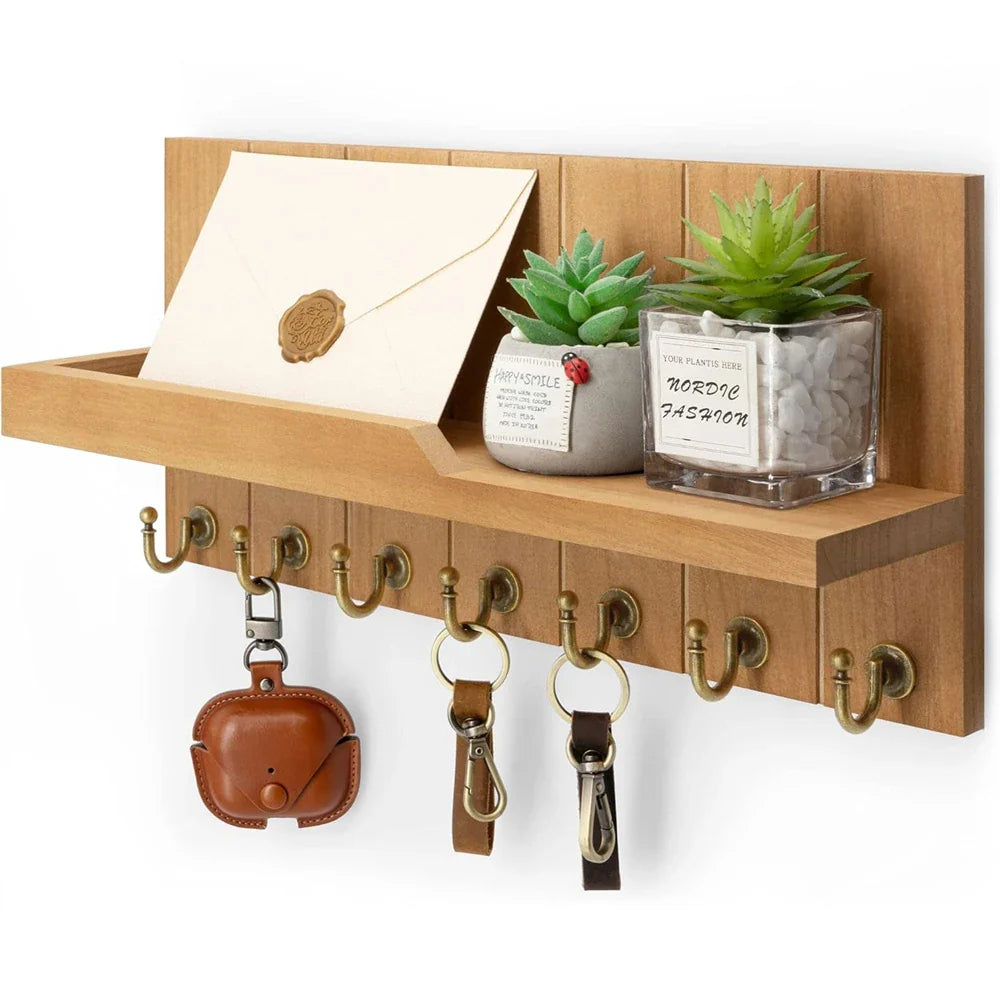 Porte-clés en Bois avec Étagère - Solution Murale Élégante pour Clés et Courrier