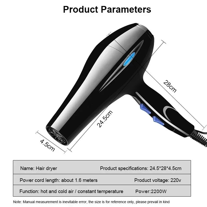 Sèche-cheveux Professionnel 2200W – Chauffage Rapide Puissant avec Réglages Chauds et Froids
