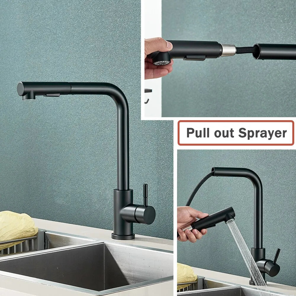 Robinet de cuisine noir extensible – Douchette flexible à 2 modes, mélangeur en acier inoxydable pour eau chaude et froide