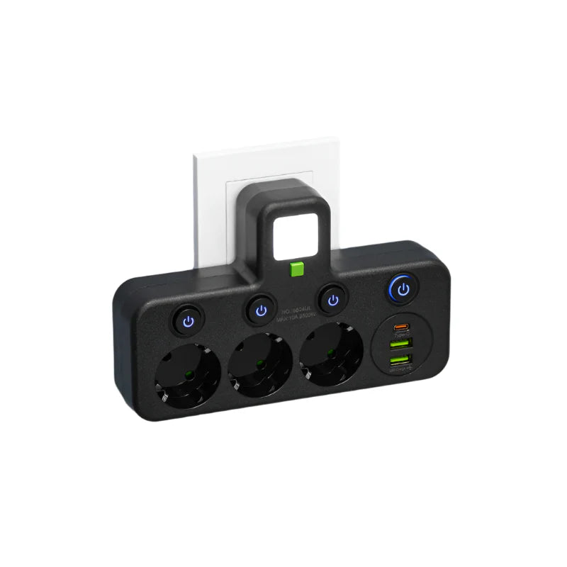 Multiprise VOLTRIQ ProLine | 3–4 prises + 2× USB & 1× Type-C | 2500 W | Protection contre les surtensions & Interrupteur de contrôle