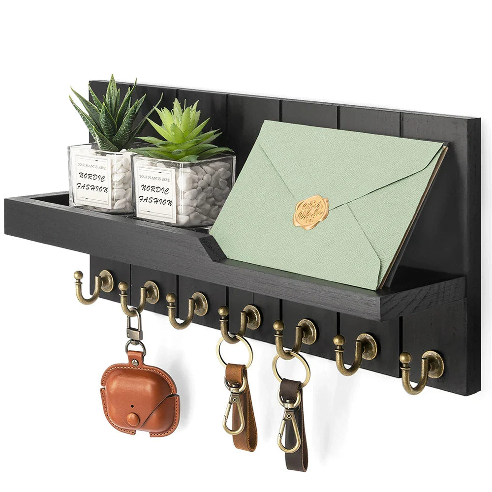 Porte-clés en Bois avec Étagère - Solution Murale Élégante pour Clés et Courrier