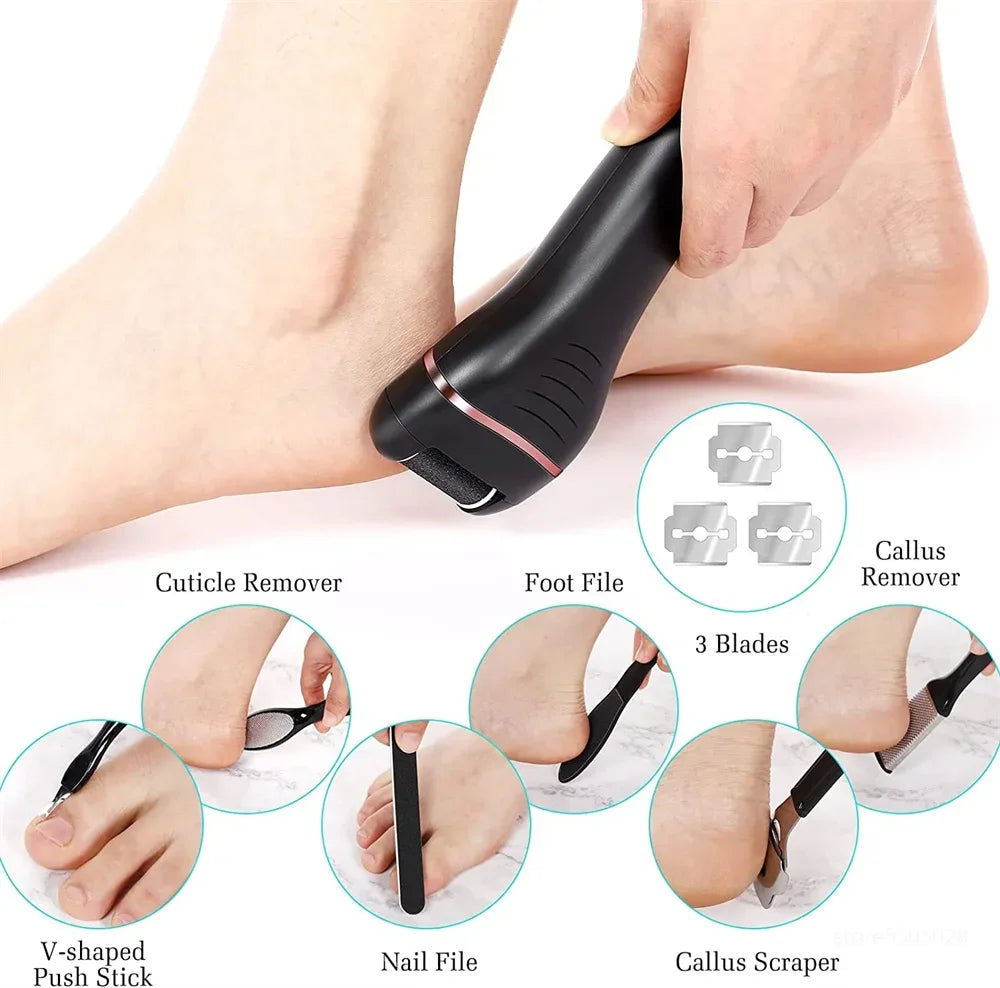 Rasoir électrique pour callosités Pediluxe Pro | Avec 3 têtes de meulage, LED & LCD | Rechargeable & étanche IPX7 | Pour des pieds lisses et soignés