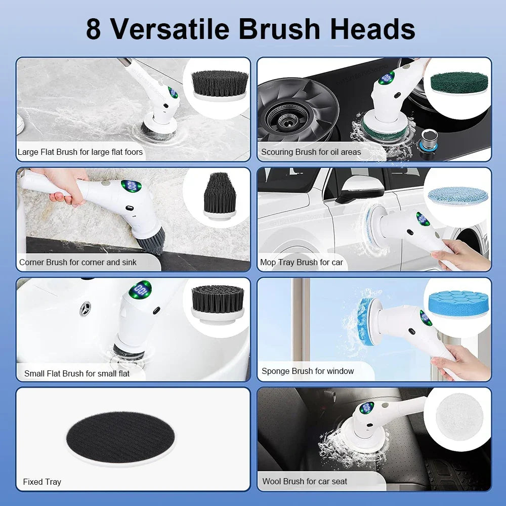 Solution de nettoyage simple : Brosse de nettoyage électrique multifonctionnelle 8-en-1 – Sans fil et rotative pour la salle de bain, la cuisine, les fenêtres et les toilettes