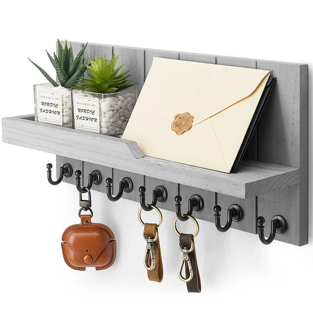 Porte-clés en Bois avec Étagère - Solution Murale Élégante pour Clés et Courrier