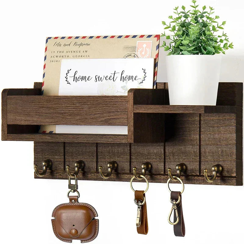 Porte-clés en Bois Avec Étagère Et 6 Crochets