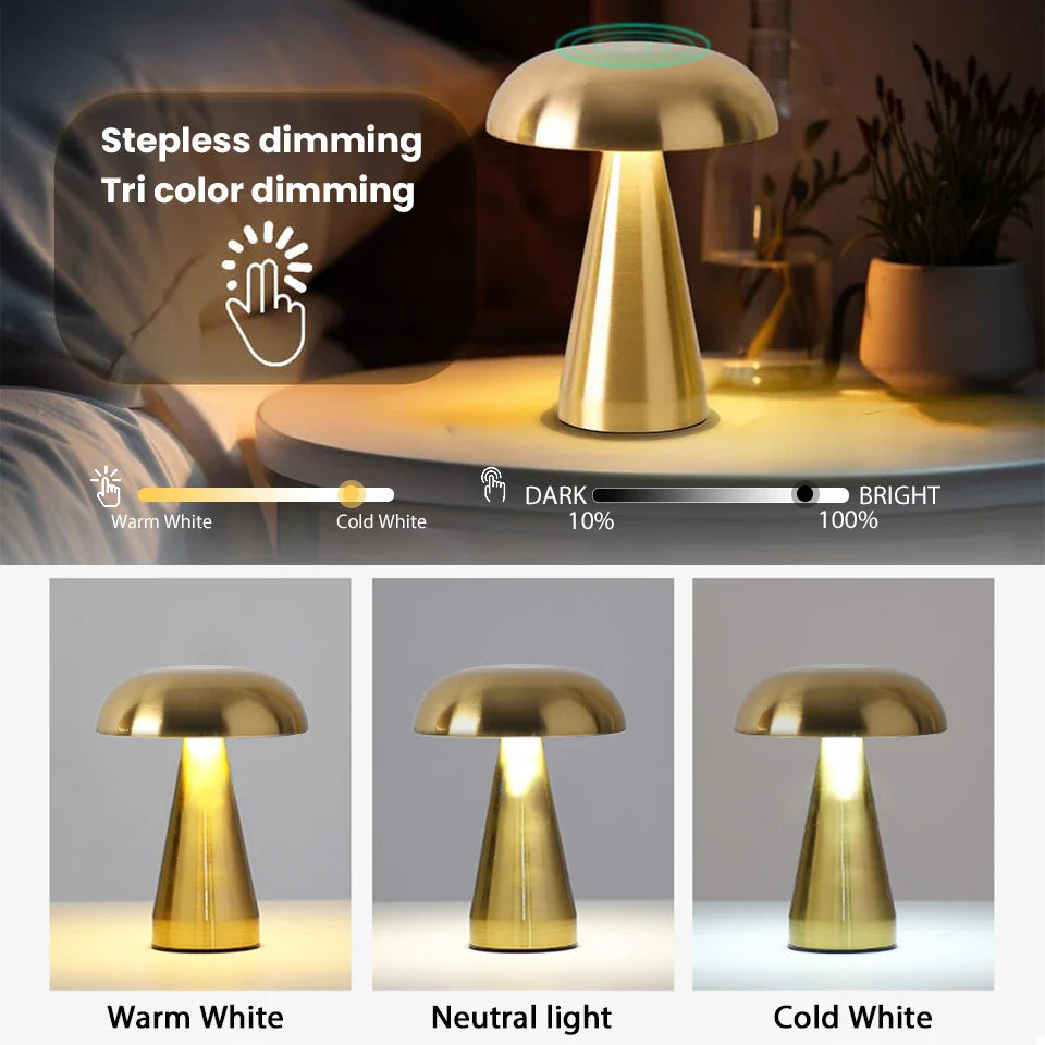 LumoShroom Lampe de Table | Design Champignon Rétro | LED & Dimmable | Rechargeable