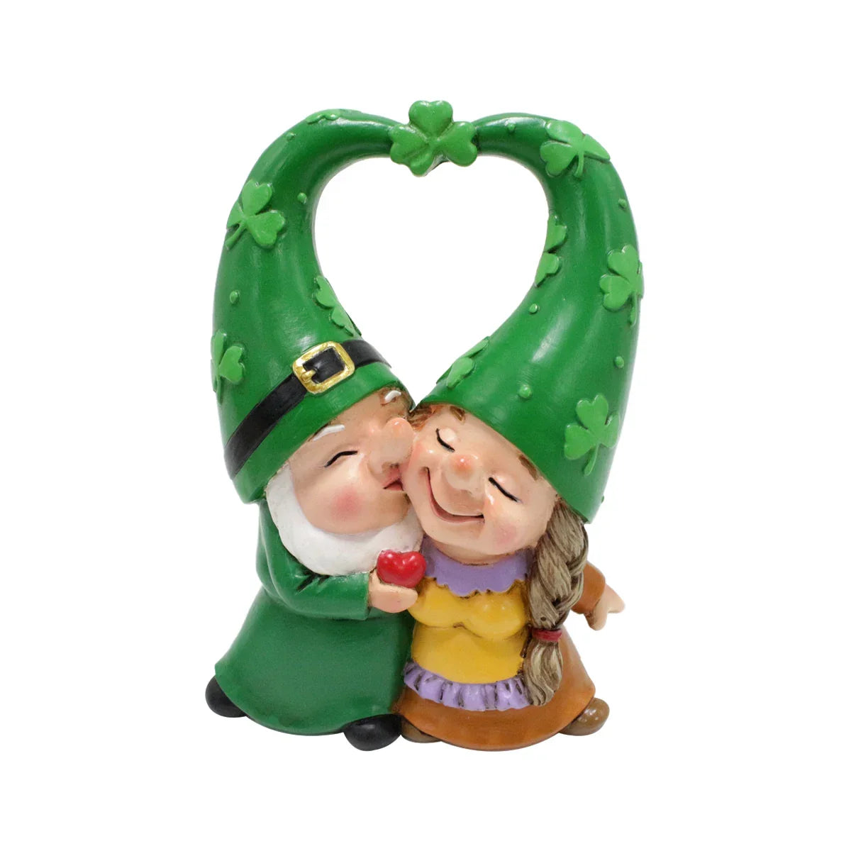 Figurine de jardin gnomes amoureux avec cœur et trèfle