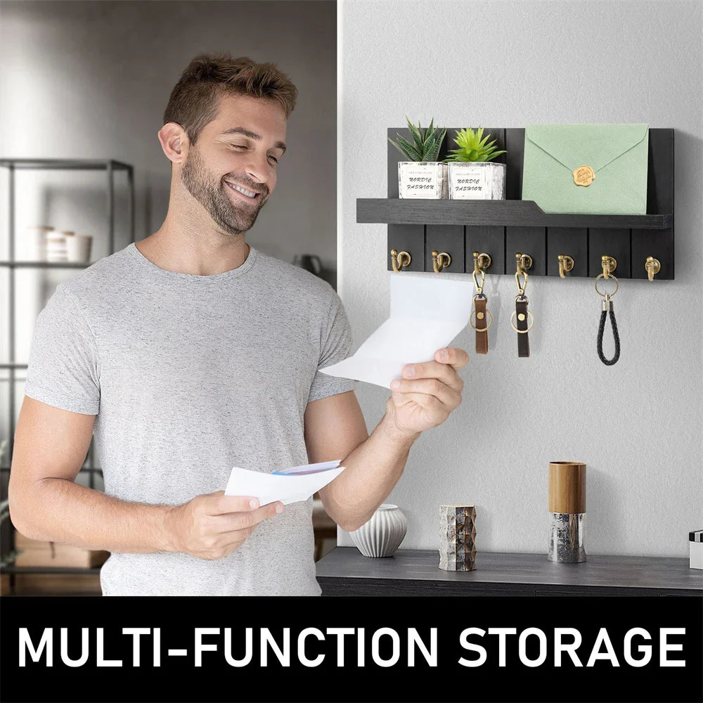 Porte-clés en Bois avec Étagère - Solution Murale Élégante pour Clés et Courrier