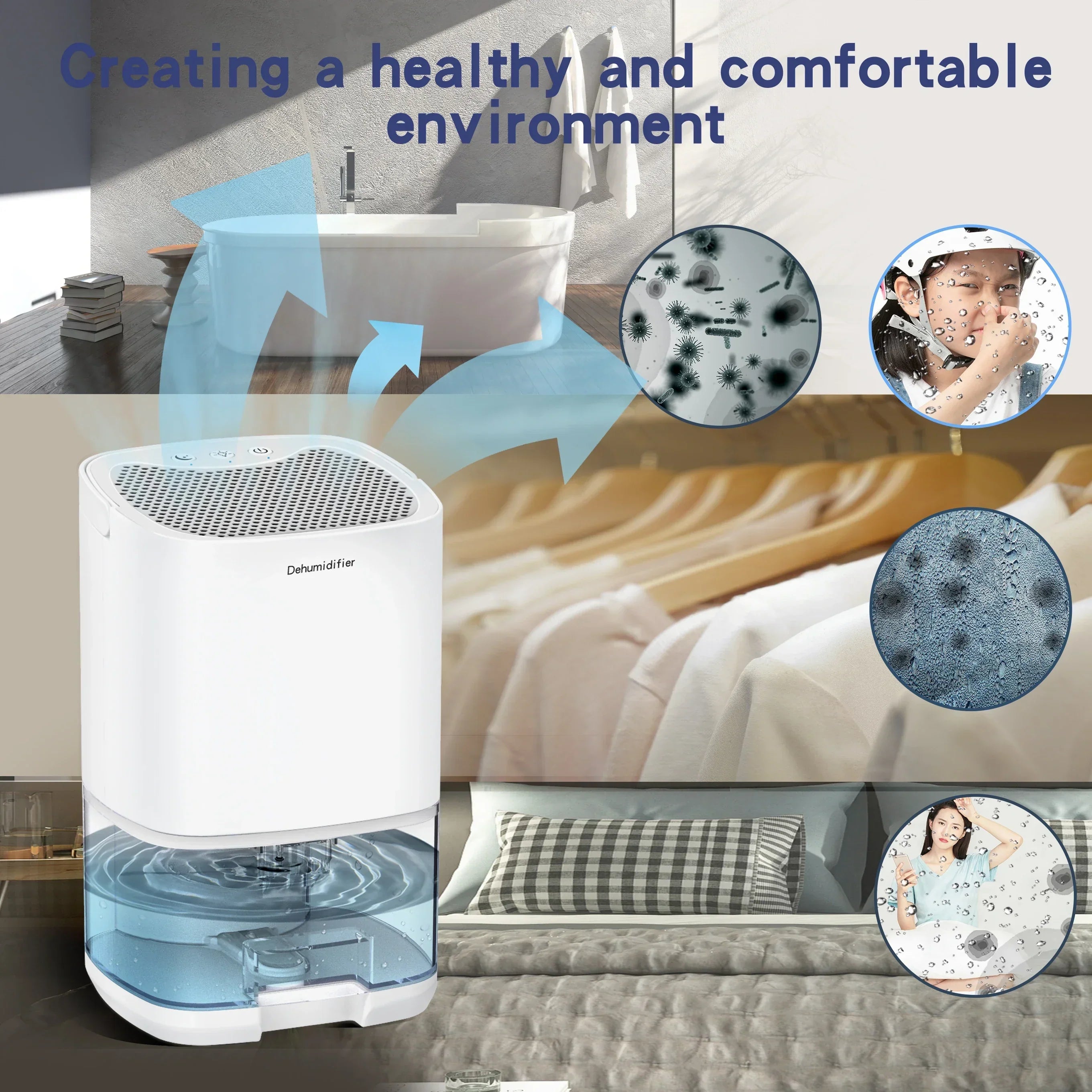 Déshumidificateur portable 2 en 1 de 1000 ml avec filtre à air et veilleuse – Aveline