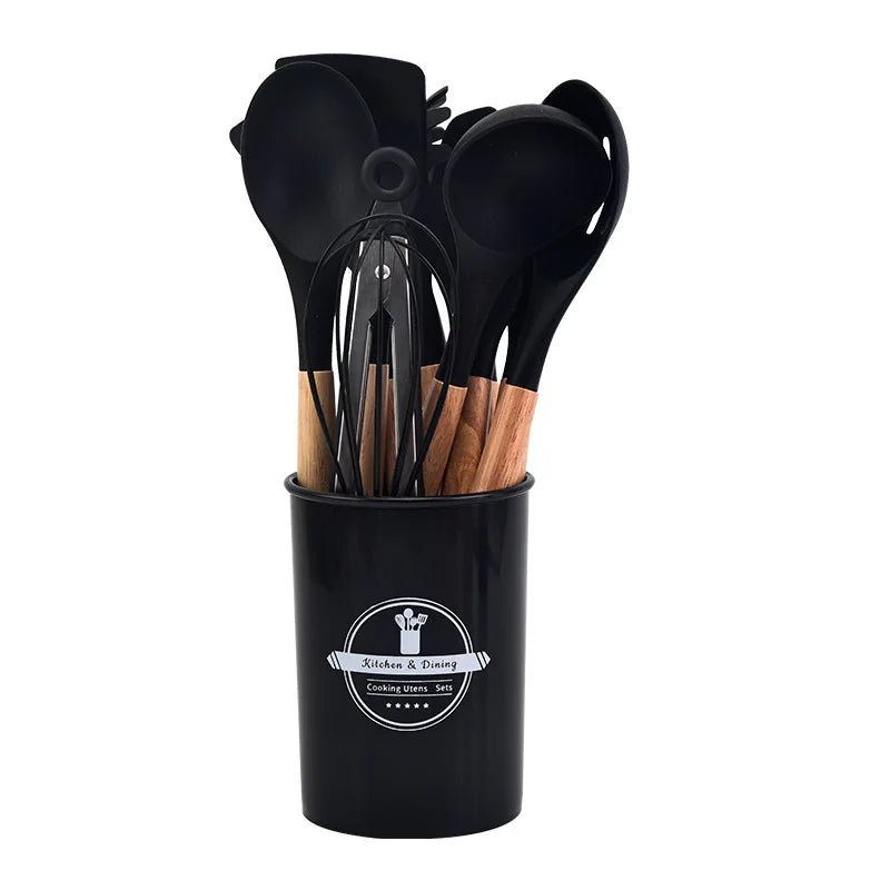Set d'ustensiles de cuisine en silicone Culinora | Résistant à la chaleur jusqu'à 230 °C | 12 pièces avec poignées en bois | Fouet, spatule, pince et plus