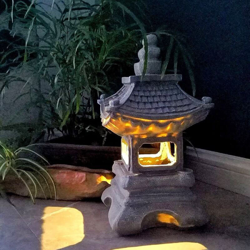 Lampe de jardin solaire LED de style zen pagode avec effet pierre
