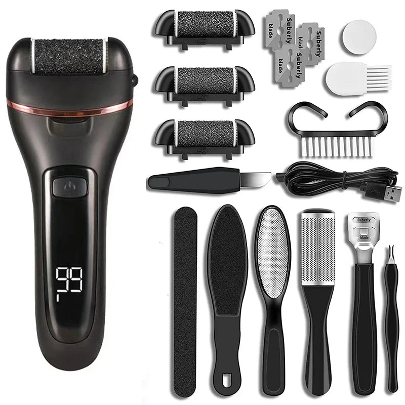 Rasoir électrique pour callosités Pediluxe Pro | Avec 3 têtes de meulage, LED & LCD | Rechargeable & étanche IPX7 | Pour des pieds lisses et soignés