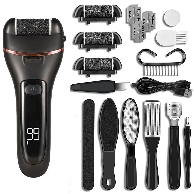 Rasoir électrique pour callosités Pediluxe Pro | Avec 3 têtes de meulage, LED & LCD | Rechargeable & étanche IPX7 | Pour des pieds lisses et soignés