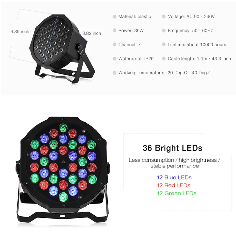 Skanto | 36W RGB LED Scenelys - Lumière de Discothèque Professionnelle DMX512 Contrôle Vocal pour KTV Bar Fête DJ, projection d'effets décoratifs
