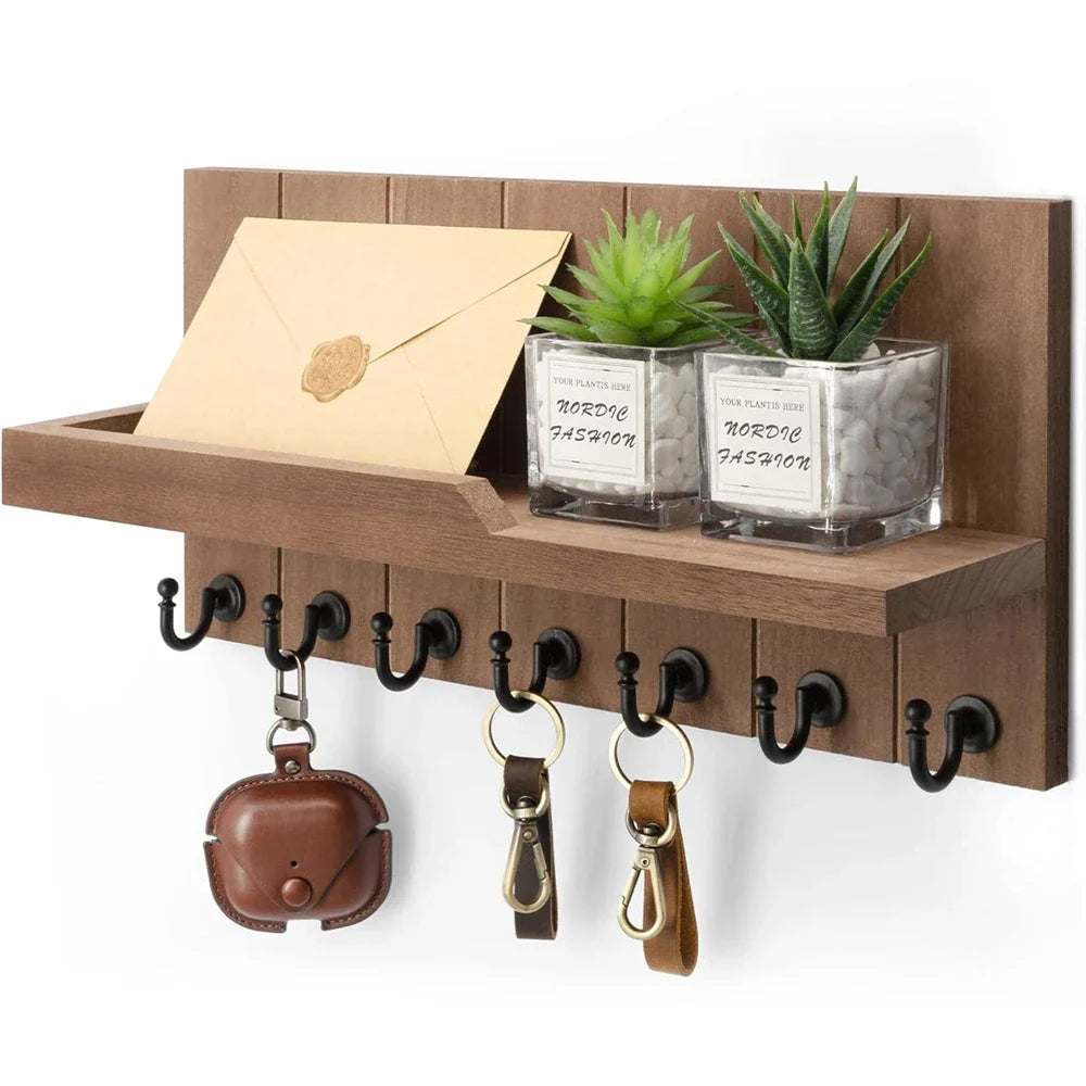 Porte-clés en Bois avec Étagère - Solution Murale Élégante pour Clés et Courrier