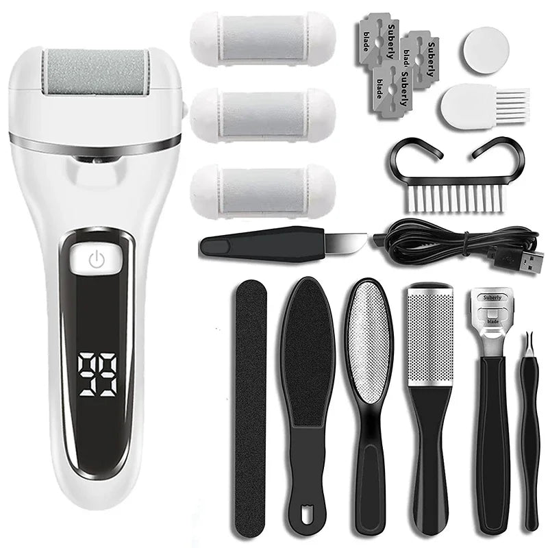 Rasoir électrique pour callosités Pediluxe Pro | Avec 3 têtes de meulage, LED & LCD | Rechargeable & étanche IPX7 | Pour des pieds lisses et soignés