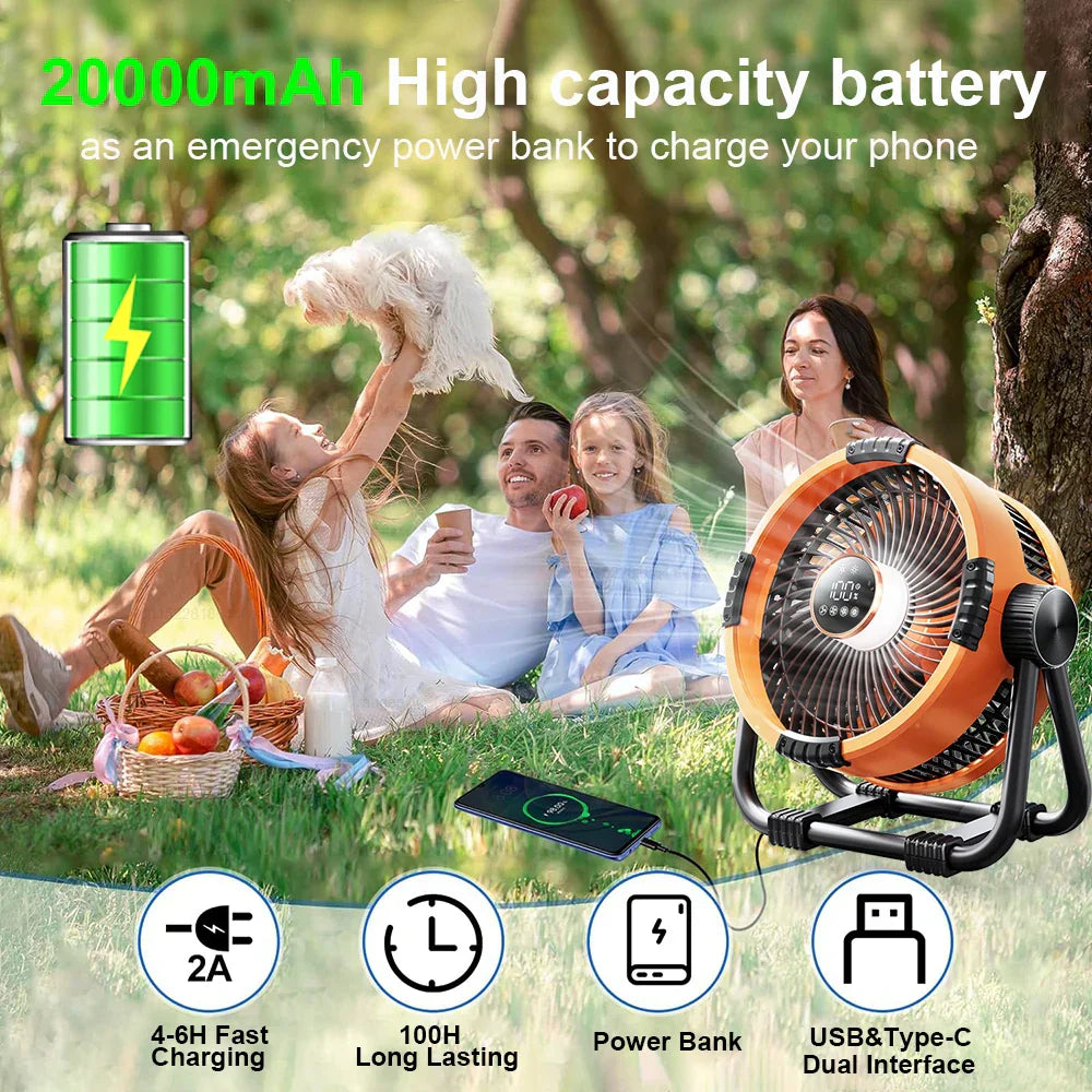 Ventilateur de camping avec batterie de 20000mAh, lumière LED et télécommande – WindMate