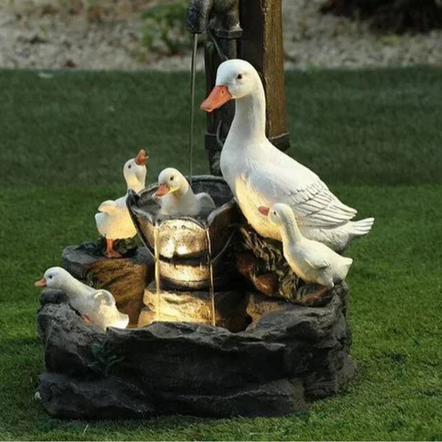 Lunaverde Fontaine Solaire Décorative Canard & Écureuil | Figurine de Jardin avec Lumière LED | Résine Artificielle Résistante aux Intempéries | Pour Terrasse & Balcon