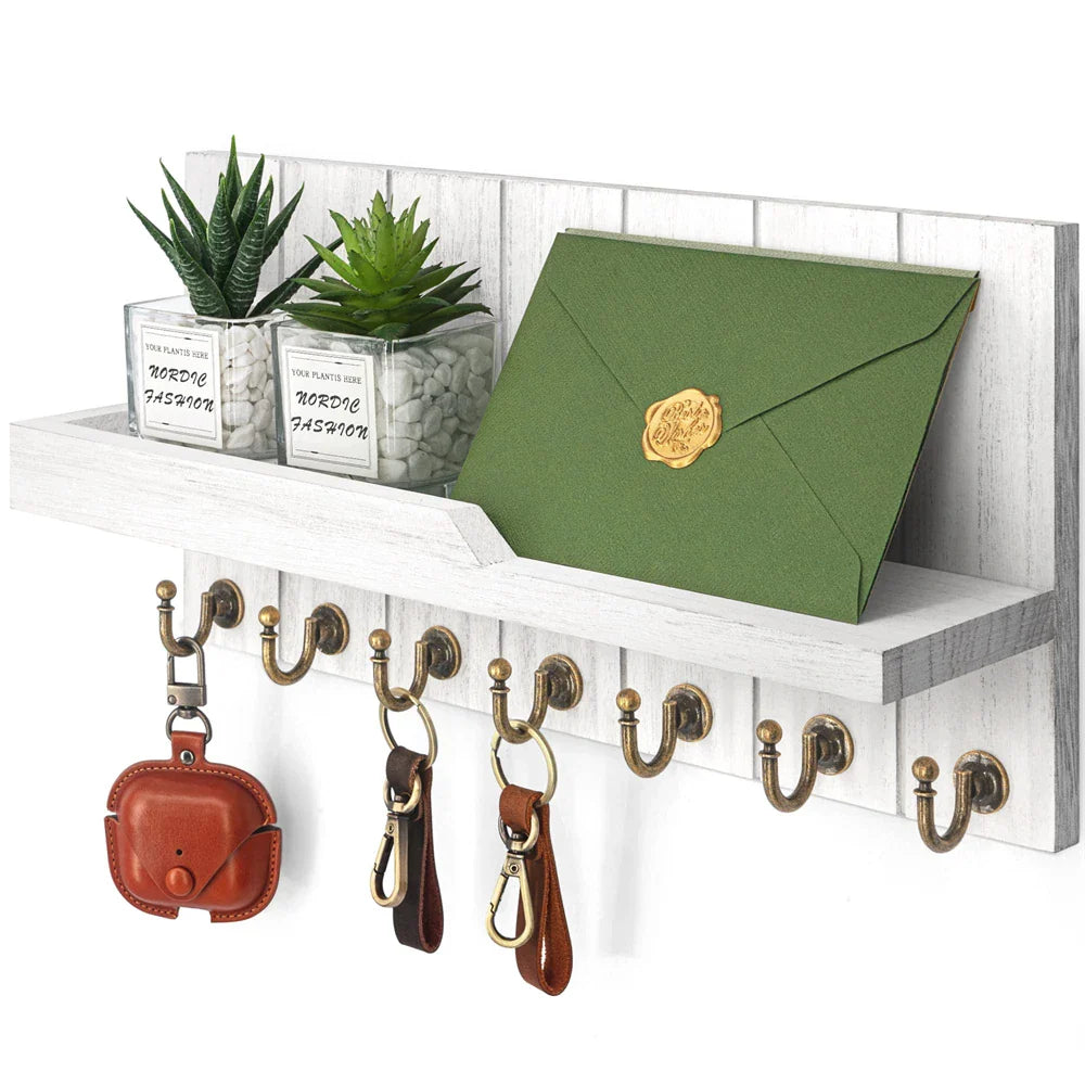 Porte-clés en Bois avec Étagère - Solution Murale Élégante pour Clés et Courrier
