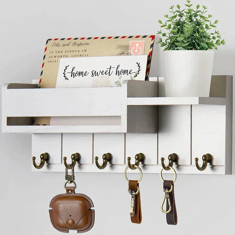 Porte-clés en Bois Avec Étagère Et 6 Crochets