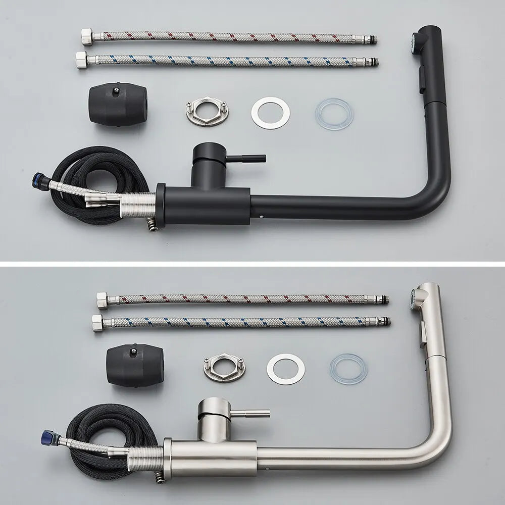 Robinet de cuisine noir extensible – Douchette flexible à 2 modes, mélangeur en acier inoxydable pour eau chaude et froide