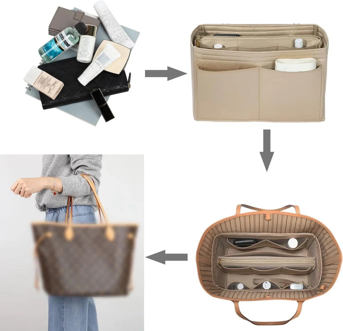 Organiseur TaschenLuxe | Insertion en feutre avec fermeture éclair | 15 compartiments & lanière pour clés | Pour sacs à main & shoppers