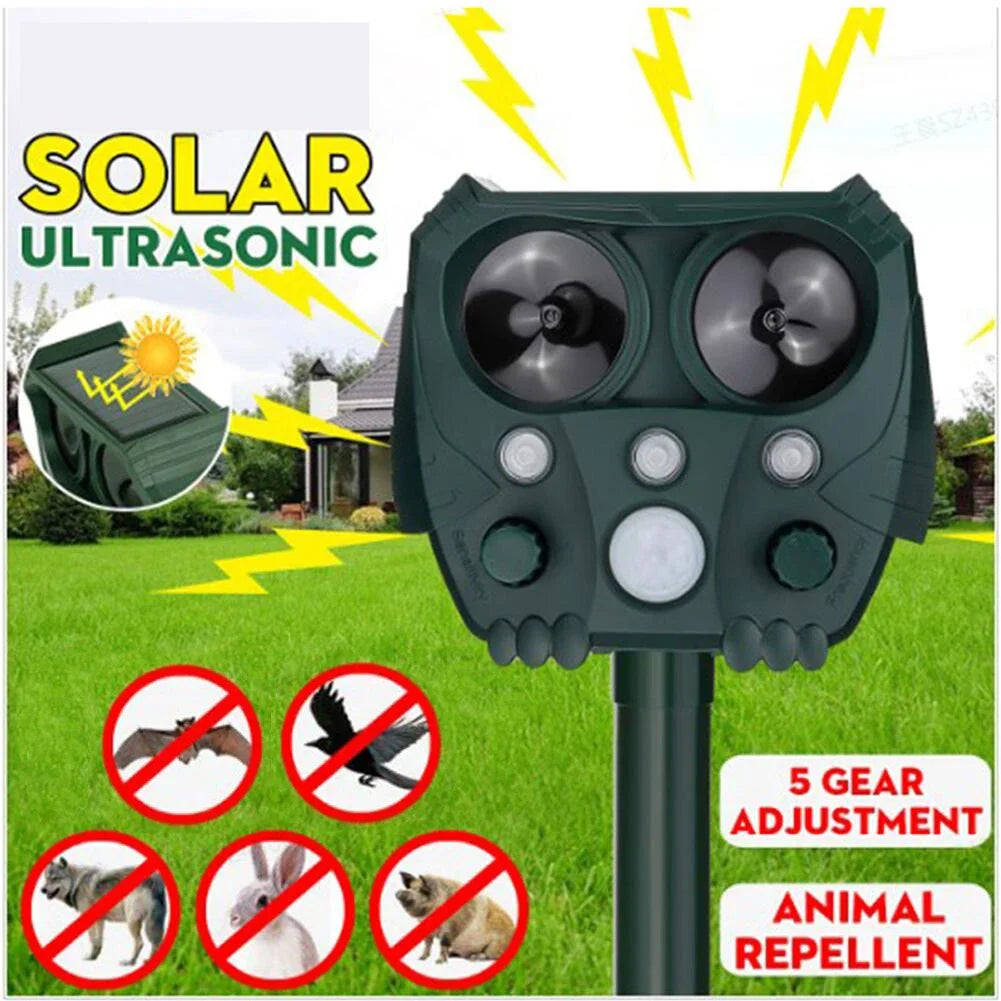 Répulseur à ultrasons solaire pour animaux avec capteur PIR et lumière clignotante – GuardPet