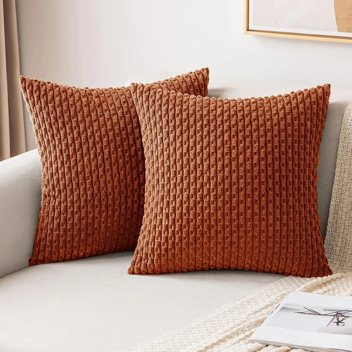 Housse de coussin en velours côtelé boho – Housse de coussin décoratif rayée élégante pour canapé ou lit