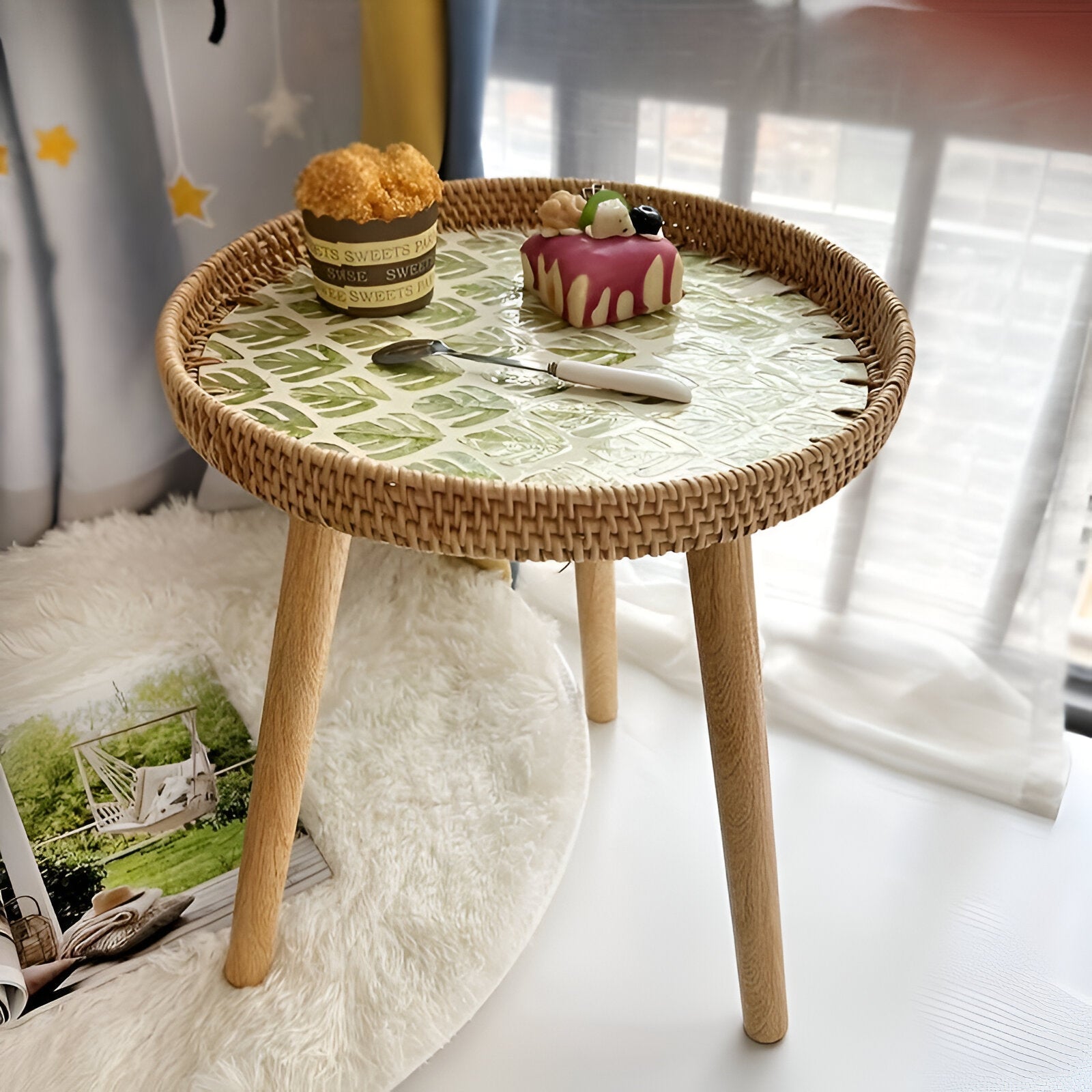 Table Basse Scandi - Table Basse Ronde en Rotin Fait Main - Table Basse en Bois