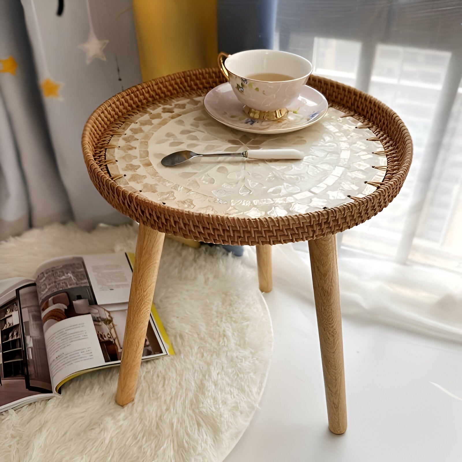 Table Basse Scandi - Table Basse Ronde en Rotin Fait Main - Table Basse en Bois
