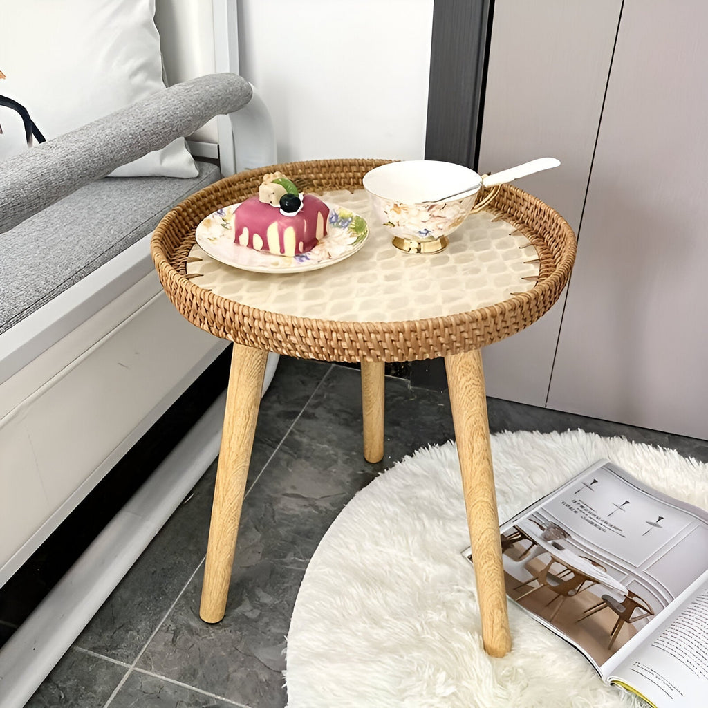 Table Basse Scandi - Table Basse Ronde en Rotin Fait Main - Table Basse en Bois