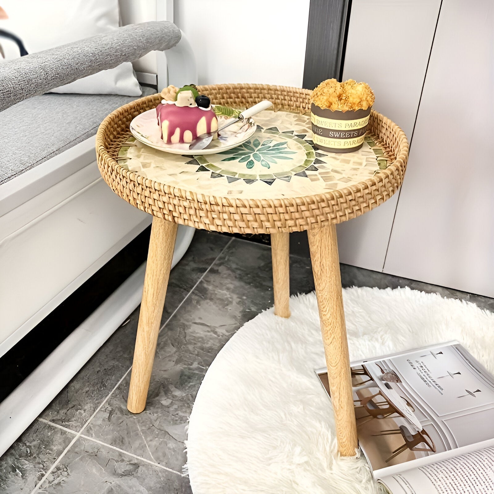 Table Basse Scandi - Table Basse Ronde en Rotin Fait Main - Table Basse en Bois