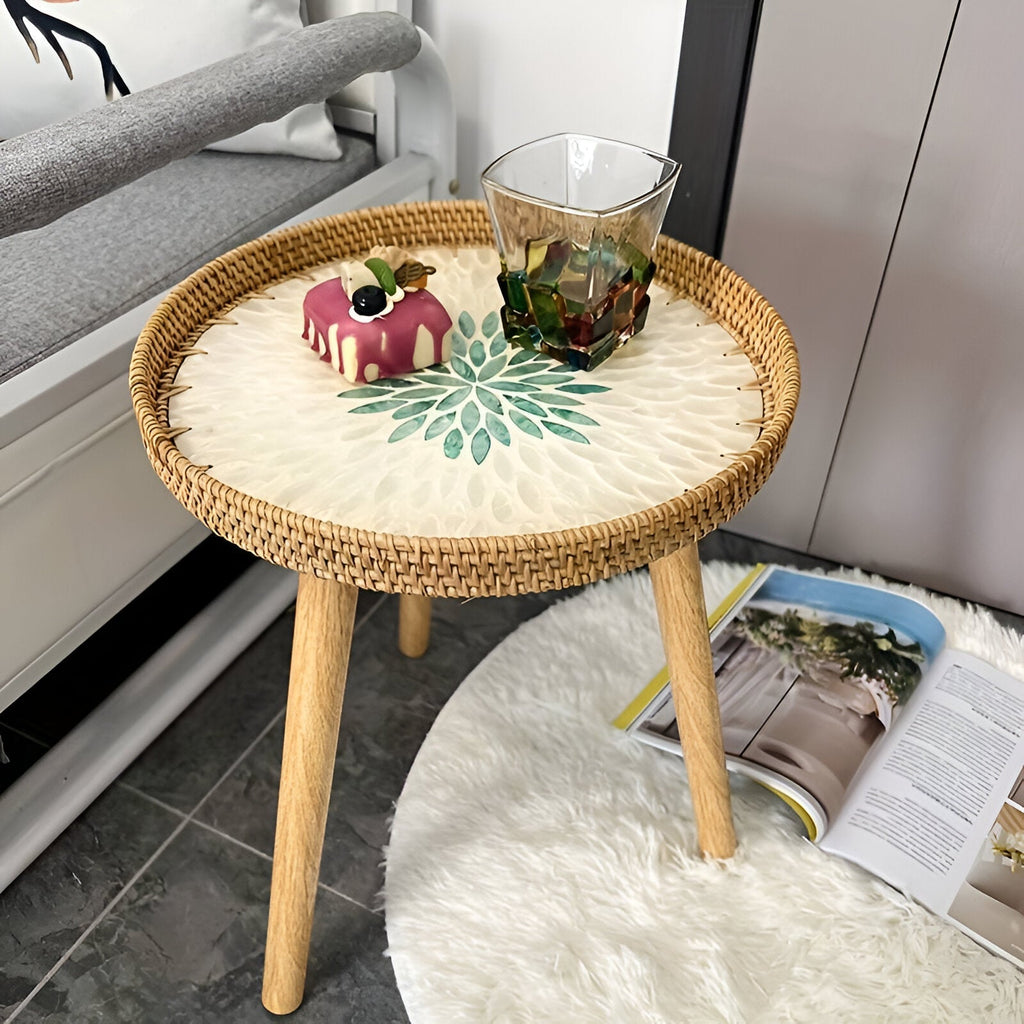 Table Basse Scandi - Table Basse Ronde en Rotin Fait Main - Table Basse en Bois