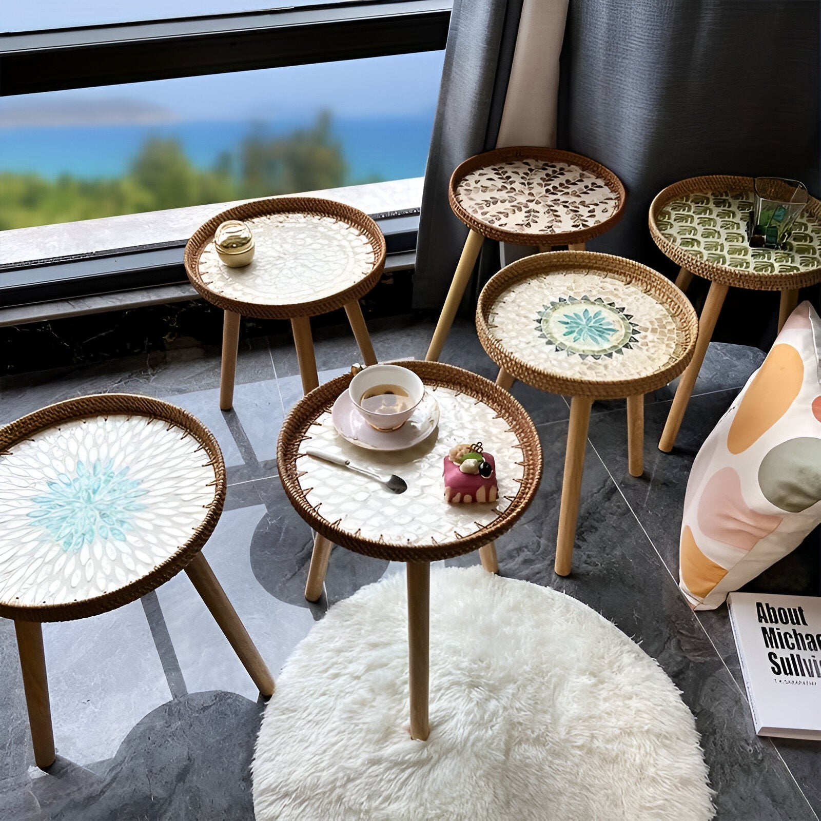 Table Basse Scandi - Table Basse Ronde en Rotin Fait Main - Table Basse en Bois