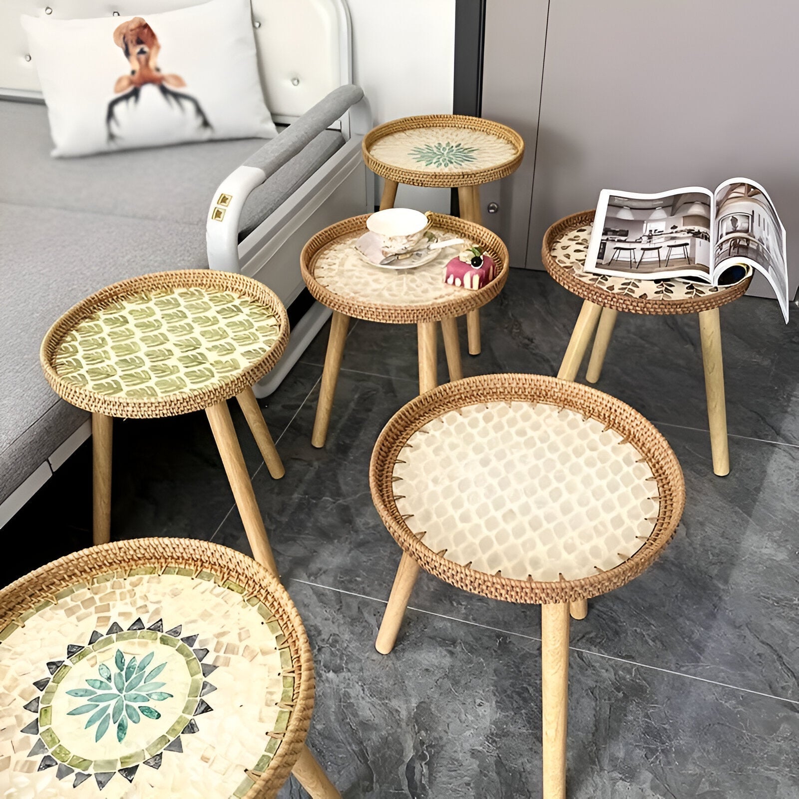 Table Basse Scandi - Table Basse Ronde en Rotin Fait Main - Table Basse en Bois
