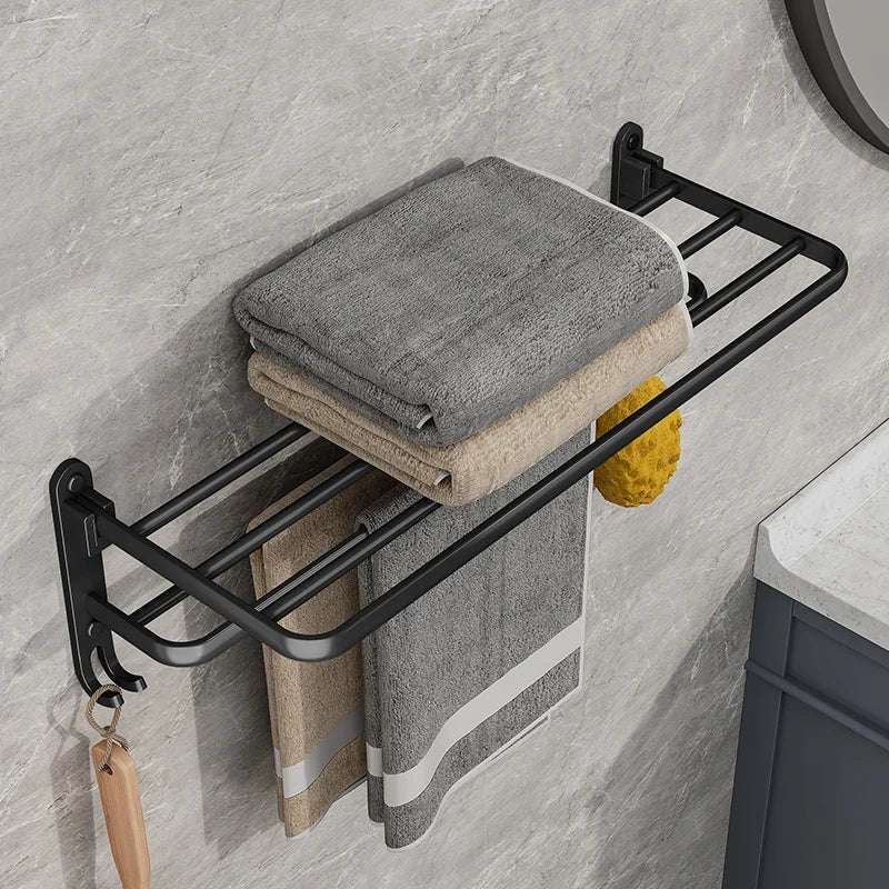 Skanto | EasyFold Noir Porte-serviettes Mural Pliable – Gain de Place & Élégant Rangement de Salle de Bain