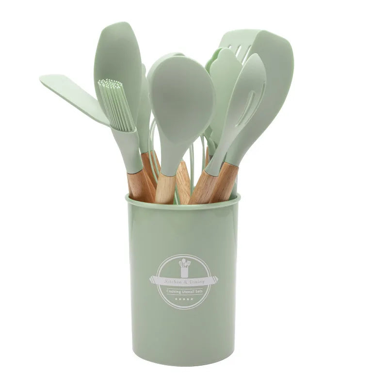 Set d'ustensiles de cuisine en silicone Culinora | Résistant à la chaleur jusqu'à 230 °C | 12 pièces avec poignées en bois | Fouet, spatule, pince et plus