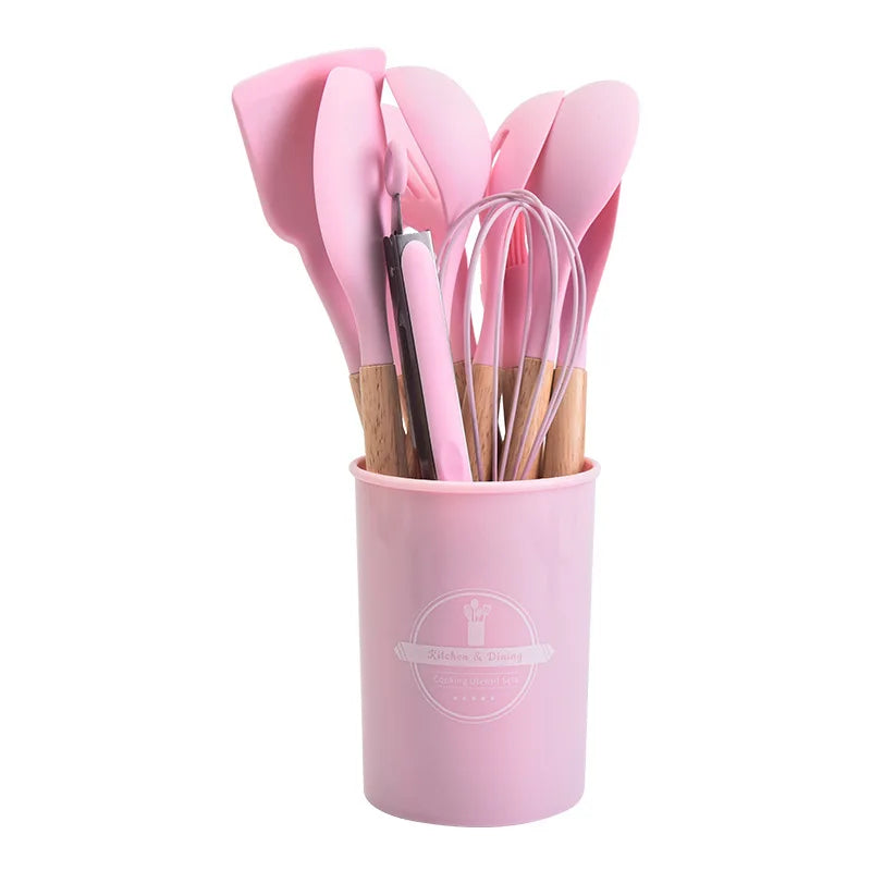Set d'ustensiles de cuisine en silicone Culinora | Résistant à la chaleur jusqu'à 230 °C | 12 pièces avec poignées en bois | Fouet, spatule, pince et plus