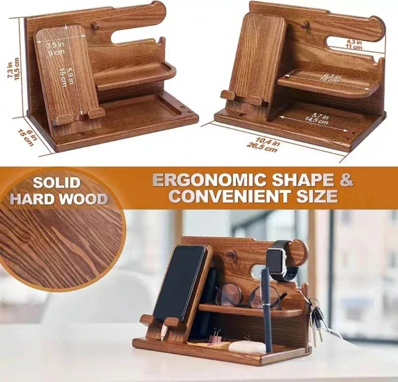 Station d'accueil pour téléphone de nuit en bois – Support multifonctionnel pour portefeuille, montre & rangement, idéal pour la Saint-Valentin