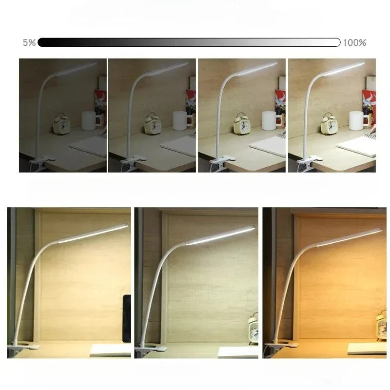 Lampe LED à pince LumaFlex | 3 couleurs de lumière & 10 niveaux de luminosité | Alimentation USB | Col de cygne flexible | Amie des yeux & Dimmable