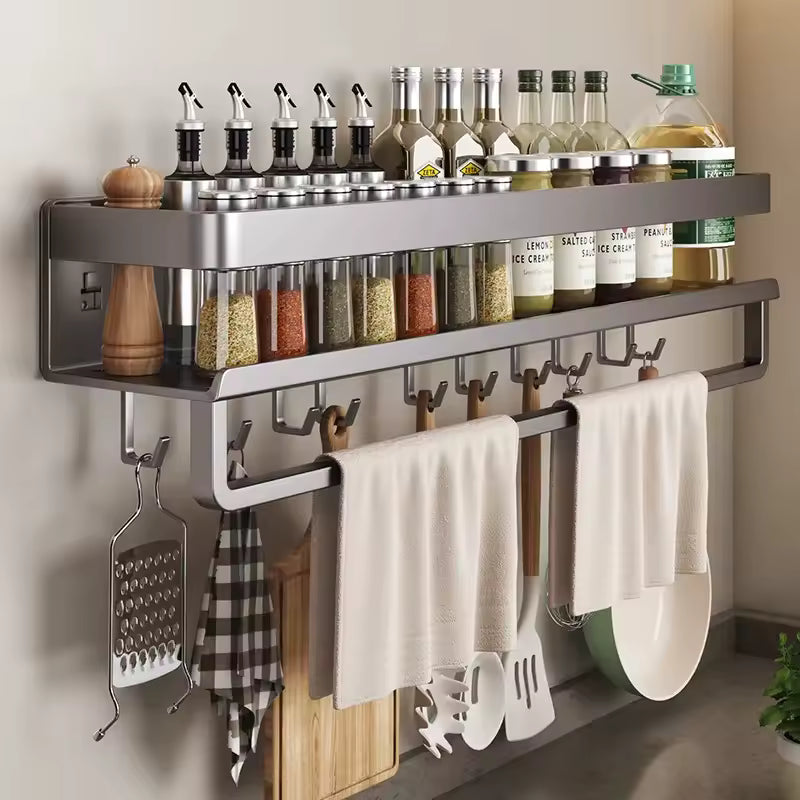 Étagère Murale de Cuisine en Métal Noir – Rangement Économiseur d'Espace avec Crochets