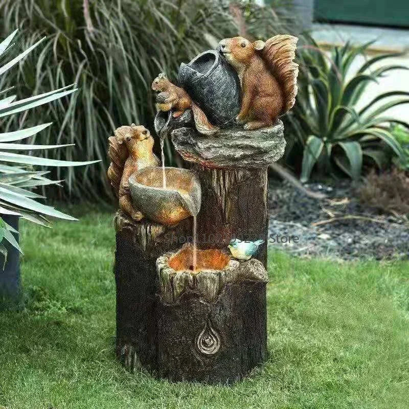 Lunaverde Fontaine Solaire Décorative Canard & Écureuil | Figurine de Jardin avec Lumière LED | Résine Artificielle Résistante aux Intempéries | Pour Terrasse & Balcon