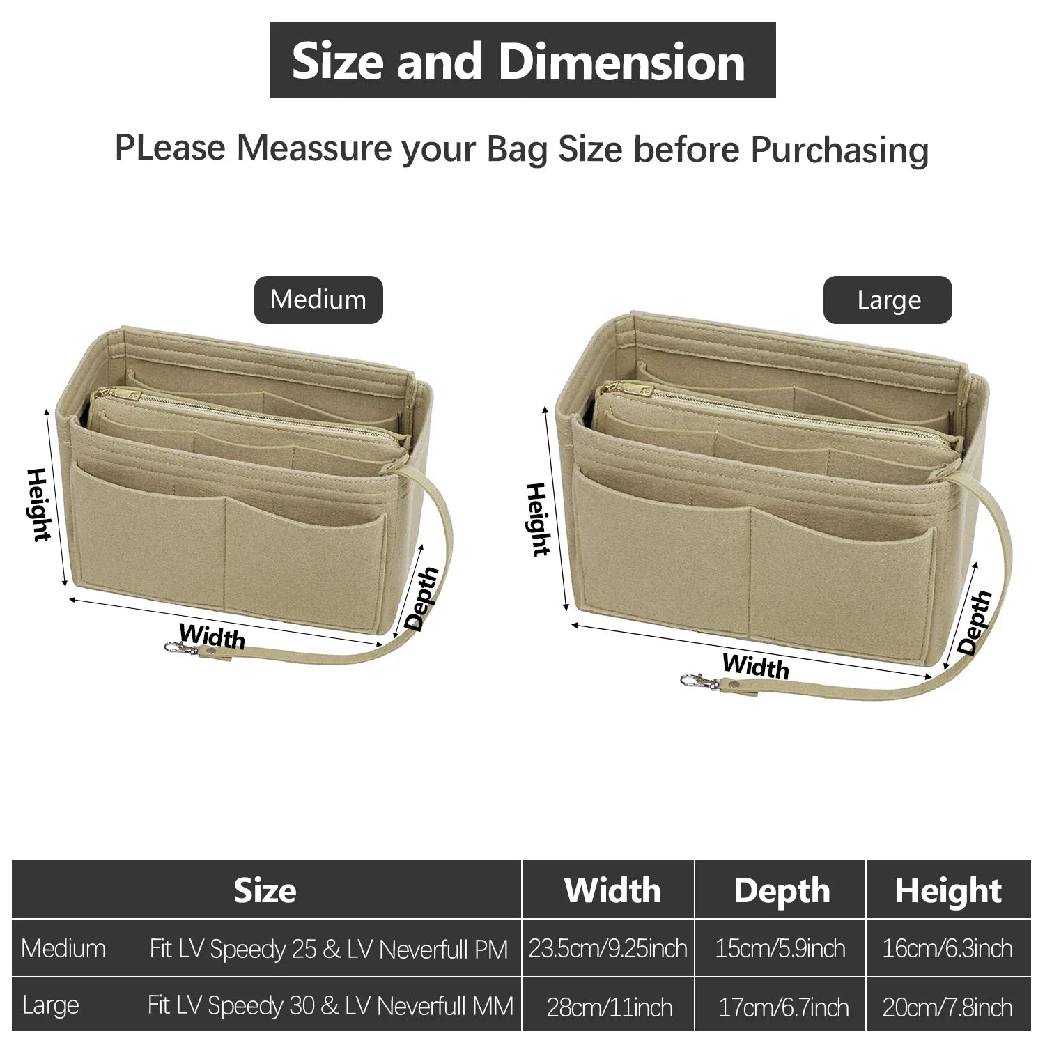 Organiseur TaschenLuxe | Insertion en feutre avec fermeture éclair | 15 compartiments & lanière pour clés | Pour sacs à main & shoppers