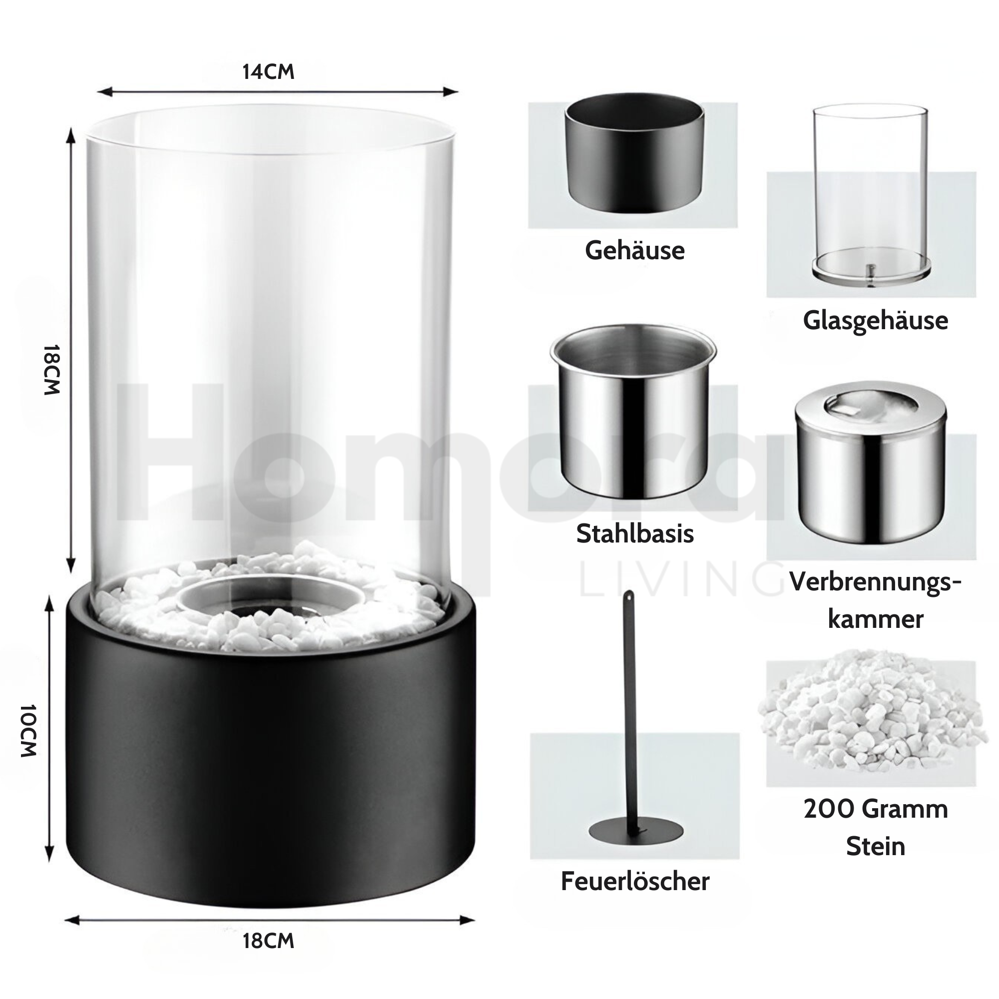 Cheminée bioéthanol cylindrique de table avec tube en verre