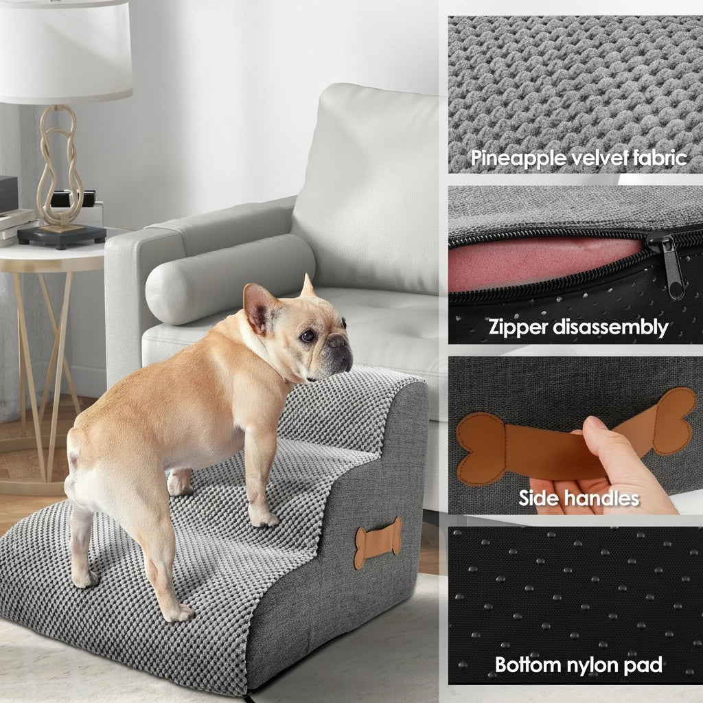 COMFYCLIMB - Escaliers pour chiens en mousse douce avec une inclinaison respectueuse des articulations, base antidérapante et housse lavable pour un accès sécurisé au lit et au canapé