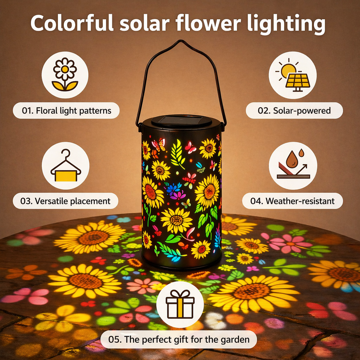 Lanterne solaire en métal avec motif floral