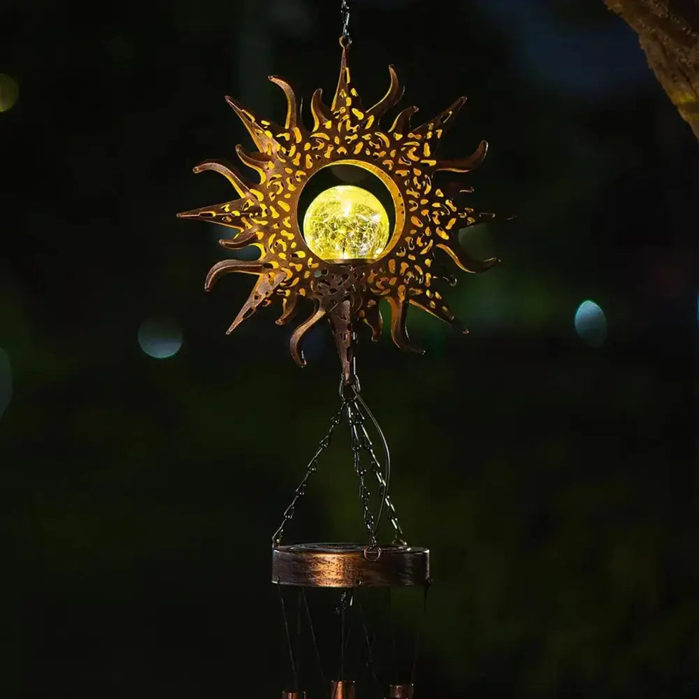 Décoration extérieure suspendue en forme de soleil avec lumière intégrée