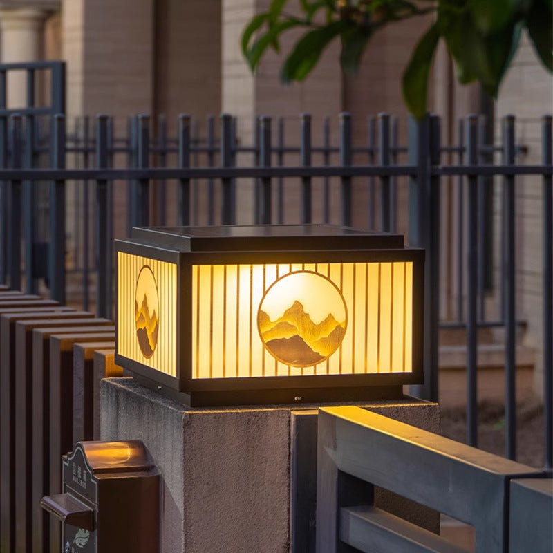 Lampe solaire à poteau avec motif de paysage japonais