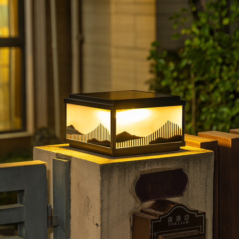 Lampe solaire à poteau avec motif de paysage japonais