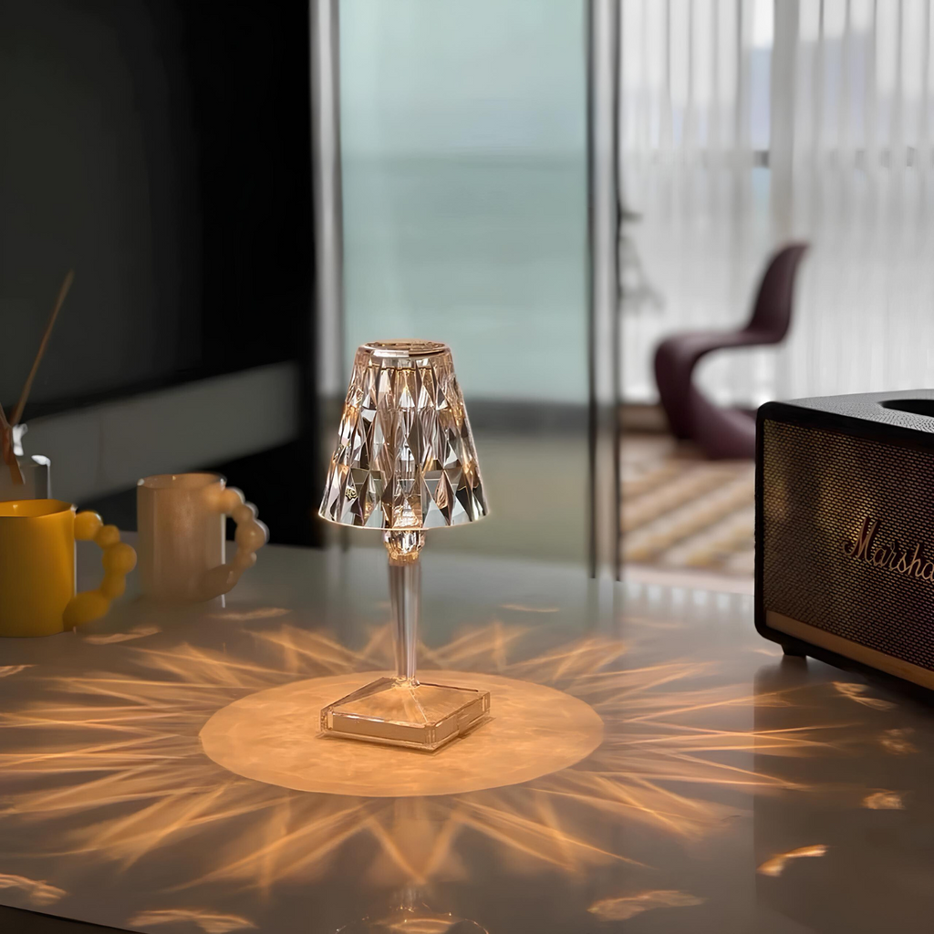 CrystalGlow – Lampe de table sans fil en cristal avec contrôle tactile et 3 modes d'éclairage